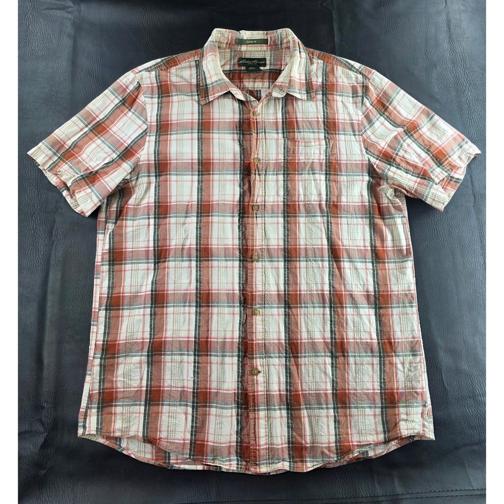 Eddie Bauer Mens Large Classic Fit Short Sleeve Plaid Button Down Shirt Orange